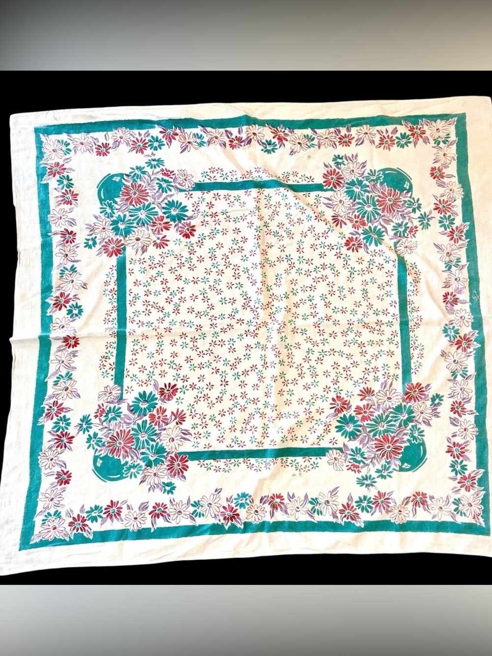 Vintage White Turquoise Blue Pink Floral Farmhouse Cotton Tablecloth 44x46"